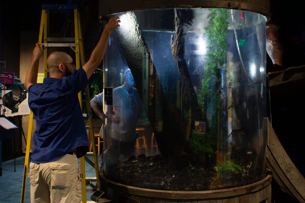 ECHO Animal Care staff gathered around the salmon and trout tank in ECHO's Into the Lake exhibit