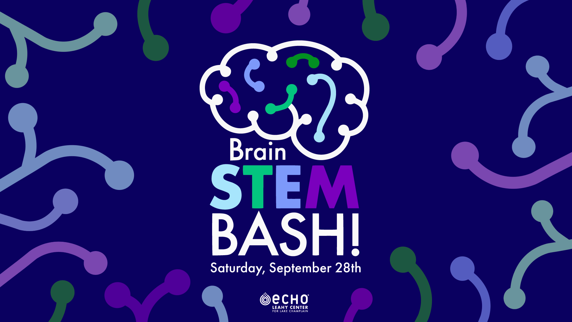 Brain STEM Bash, Saturday, September 28th. Playful illustration of brain using purples, blues, and greens.