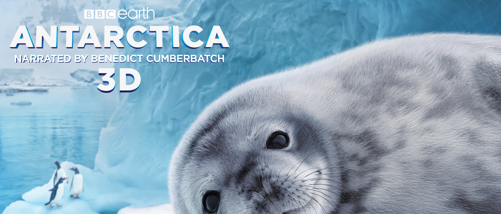 Image of a seal pup reading "BBC Earth, Antarctica, Narrated by Benedict Cumberbatch, 3D