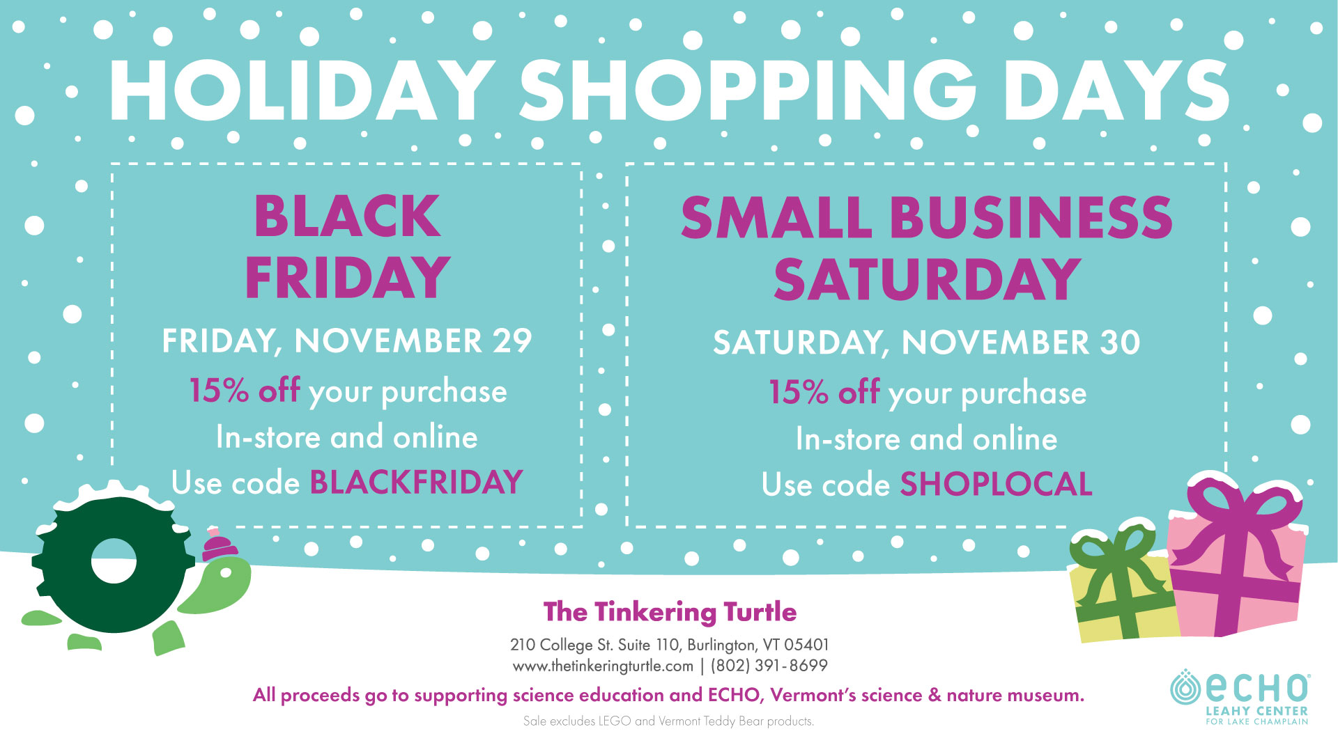 HOLIDAY SHOPPING DAYS: Black Friday & Small Business Saturday at The Tinkering Turtle