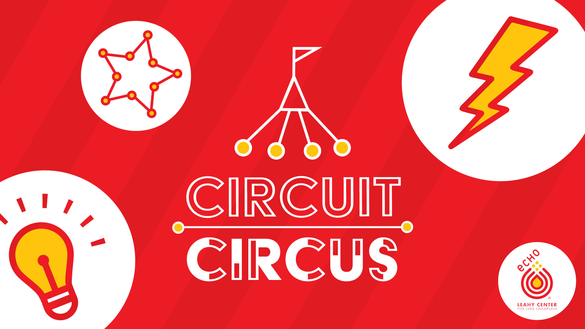 Circuit Circus. Colorful red, white, and yellow graphic with illustrations of a lightbulb, circus tent, lightning bolt, and star.